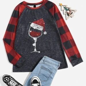 Christmas Buffalo Plaid Wine Long Sleeve Top Size Small
